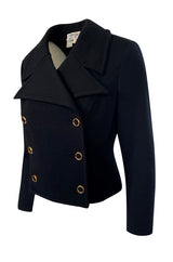 1970s Tricosa France Cropped Black Jacket w Pointed Collar Gold Buttons