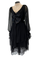 Incredible Fall 1993 Yves Saint Laurent Runway Black Silk Chiffon Dress W Ruffle Full Sleeves