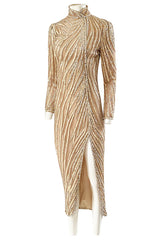 1980s Bob Mackie Ivory Sequin & Nude Stretch Net High Slit Dress