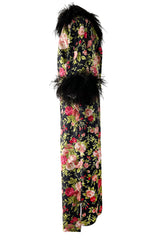 Gorgeous 1950s Fused Chenille Flowers on Silk Dress w Ostrich Feather Trim Jacket
