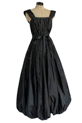 Rare 1961 Norman Hartnell Couture Black Silk Taffeta Dress w Crystal Detailing