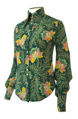 1970s Jeff Banks Green Floral Print Balloon Sleeve Silk Shirt