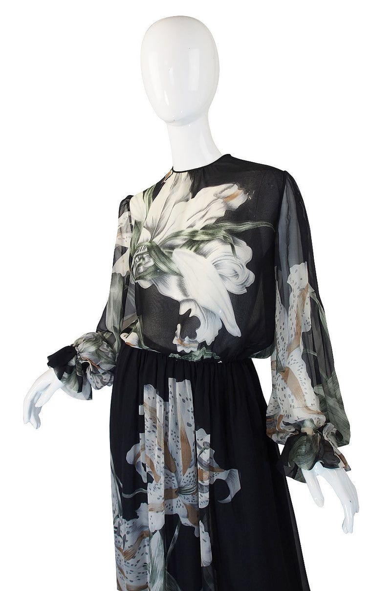 1970s NWT Hanae Mori Silk Chiffon Floral Gown