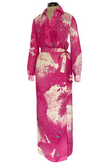 Gorgeous 1970s Hanae Mori Pink Scenic Print Wrap Skirt & Button Down Top Set