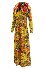 Famous 1971 Bill Blass Vogue Featured Yellow Chenille & Silk Maxi Dress w Elaborate Feather Collar