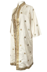 1960s Stavropoulos Gold Embroidered Ivory Silk One Shoulder Dress & Coat