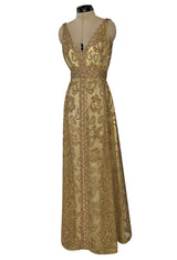 Incredible 1960s Malcolm Starr Gold Metal Net Dress w Metal Cording & Rhinestones