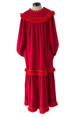 Runway Fall 1977 Yves Saint Laurent Red Wool Smock Dress w Fringe Yarn Detail