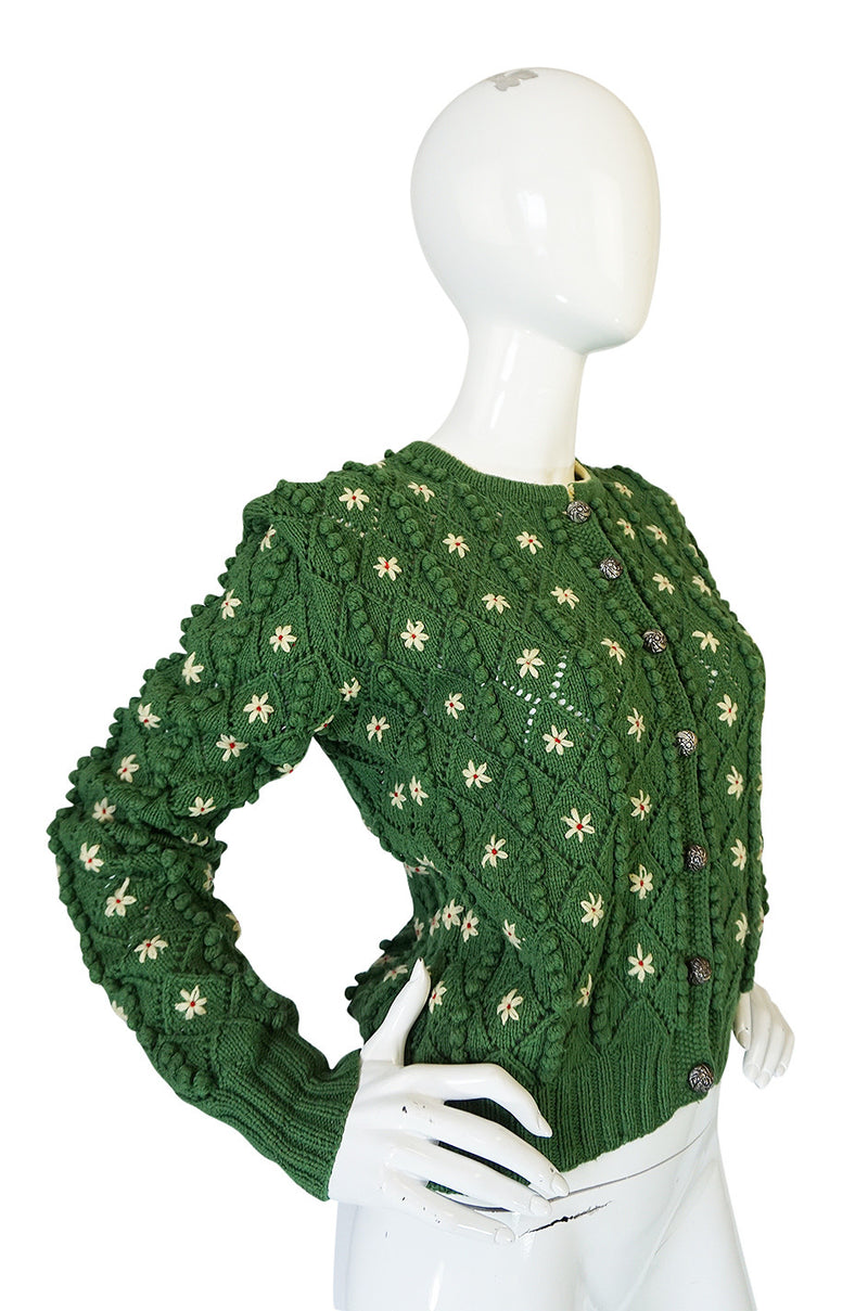 Rare 1930s Lanz Hand Knit Green Nubby Floral Sweater
