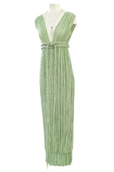 Exquisite 1970s Mary McFadden Back & Front Plunging Mint Green Pleated Dress