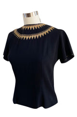 1980s Upcycled 1940s Renee Lewis Couture Hand Gold Embroidered Black Silk Crepe Top