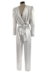 Amazing 1980s Flora Kung Pale Silver Satin Jumpsuit w Plunge Neckline & Tie Waist