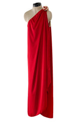 1981 Bill Tice Red One Shoulder Jersey Dress w Gold Lame Flower Detailing