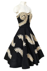 1950s Heavy Cotton / Canvas Strapless Dress w Hand Applied Cord Applique