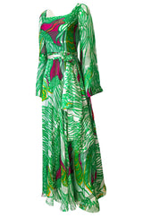 1970s Brilliant Green w Bright Pink Accents Printed Ribbon Silk Chiffon Full Length Maxi Dress