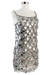 c.1967 Paco Rabanne Couture Mirrored Triangle, Metal, Rhinestone & Beaded Mini Dress w Matching Bag