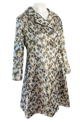 Early 1960s Ceil Chapman Gold & Silver Metallic Silk Brocade Coat w Crystal Buttons