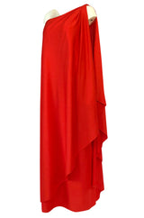 Documented 1978 Halston One Shoulder Red Draped Jersey Halston Dress