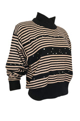1980s Sonia Rykiel Pink & Black Sweater w Rhinestone Embelishments