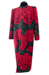 Fall 1985 Valentino Runway Felted Wool & Velvet Trim Over-sized Coat w Huge Rose Print Coat