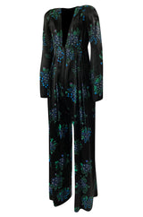 c. 1974 Ossie Clark Celia 'One Step Two Step' Celia Birtwell Print Black Jumpsuit