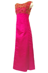1960s Malcolm Starr Vibrant Pink Silk Satin Dress w Beaded Bodice