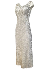 1960s Unlabeled Ivory Silk Dress w Chenille Applique & Beading Detail