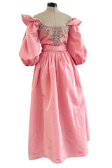 Prettiest 1970s Richiline Iridescent Pink Silk Dress w Pouf Sleeves & Rhinestone Details