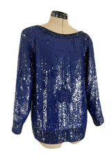 Fall 1985 Yves Saint Laurent Densely Covered Blue Sequin Top w Beaded Ribbing