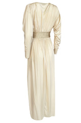 Documented 1980 Bill Tice Plunging Front Ivory Jersey & Gold Belt Dress