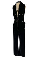 Brilliant 1971 Andre Courreges Black Velvet Jumpsuit w Silver Studs & Zip Front