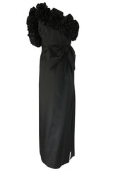 1980s Morton Myles Dramatic Ruffled and Bowed One Shoulder Dress