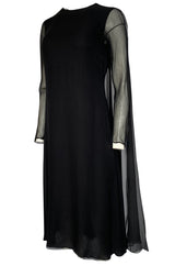 1970s George Stavropoulous Couture Black Silk Chiffon Caped Shoulder Dress