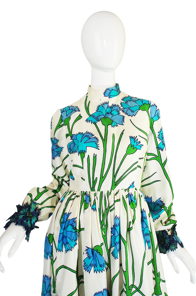 1960s Blue Floral Printed George Halley Silk Gown