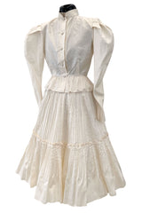 Gorgoeus Early 1980s Vicky Tiel Ivory Silk Pouf Shoulder Button Top & Pleated Skirt Set