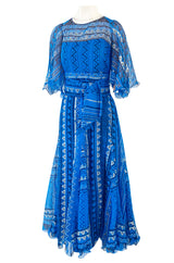 1980s Zandra Rhodes Hand Painted Silver on Blue Silk Caftan Dress w Wrap Belt & Matching Scarf