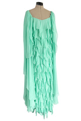 Prettiest 1980s Stavropoulos Soft Mint Green Silk Chiffon Dress w Full Cape Sleeves