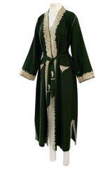 Wonderful 1920s Antique Hand Embroidered Crewel Deep Forest Green Wrap Robe or Coat
