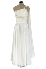Prettiest 1960s Kiki Hart One Shoulder White Chiffon Dress w Full Skirts & Cascading Panel