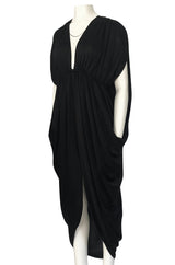 c1976 Halston Black Draped Plunge Front Caped Back Jersey Dress
