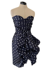 1980s Loris Azzaro Deep Blue Silk Strapless Dress w White Dots & Unusual Skirt