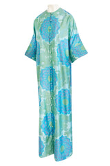 Gorgeous 1970s Pierre Balmain Soft Green and Blue Printed Thai Silk Caftan Dress or Evening Coat