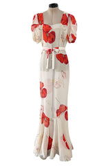 Incredible Numbered 1930s Huge Coral Flower Print Bias Cut Silk Chiffon Ivory Dress