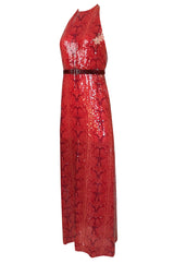 Documented 1974 Bill Blass Red Sequin Snakeskin Print Halter Dress