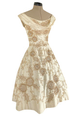 Incredible 1950s Ceil Chapman Ivory Silk Satin Dress w Gold Metal Ribbon Detailing