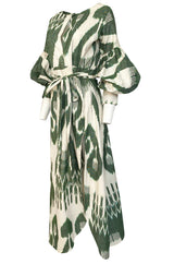 2018 Zazi Handmade Vintage Green & Ivory Cotton Ikat Caftan Dress