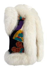 1970s Unlabeled Hand Quilted Velvet & Silk Crane Design Vest w White Fox Trim