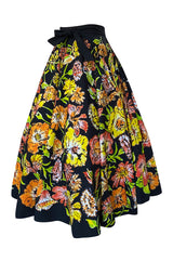 1960s Hand Painted Sequin Bright Floral Print Cotton Mexican Skirt