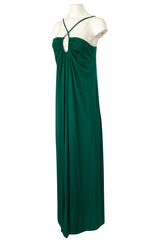 1970s Unlabeled Deep Emerald Green Jersey Halter Neck Dress