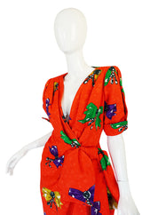 1980s Bow Print Odicini Couture Red Wrap Dress